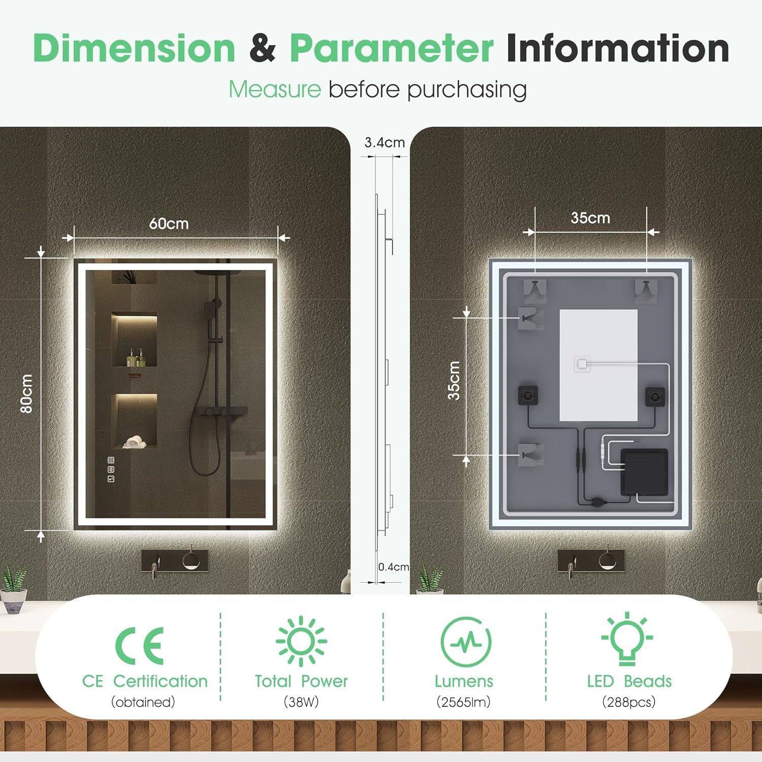 ✨ Luxury Smart LED Bathroom Mirror – Bluetooth Speaker, Anti-Fog & Adjustable Lighting