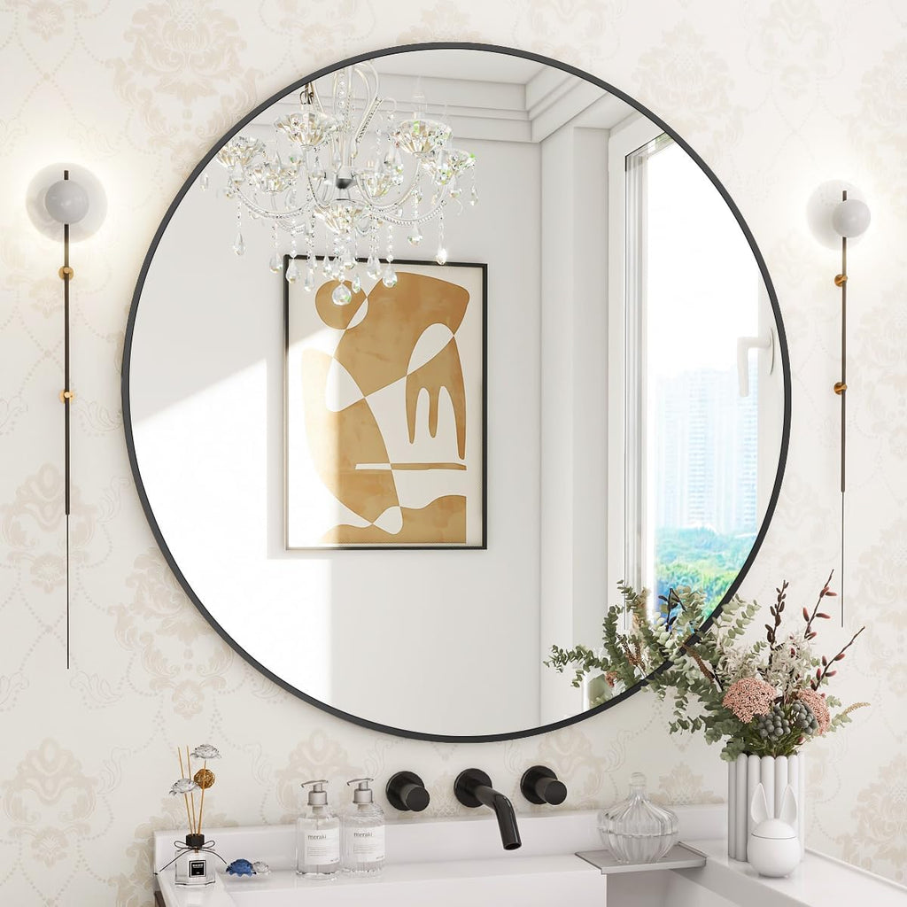 ✨ 30" Modern Round Wall Mirror – Elegant Black Metal Frame for Any Room