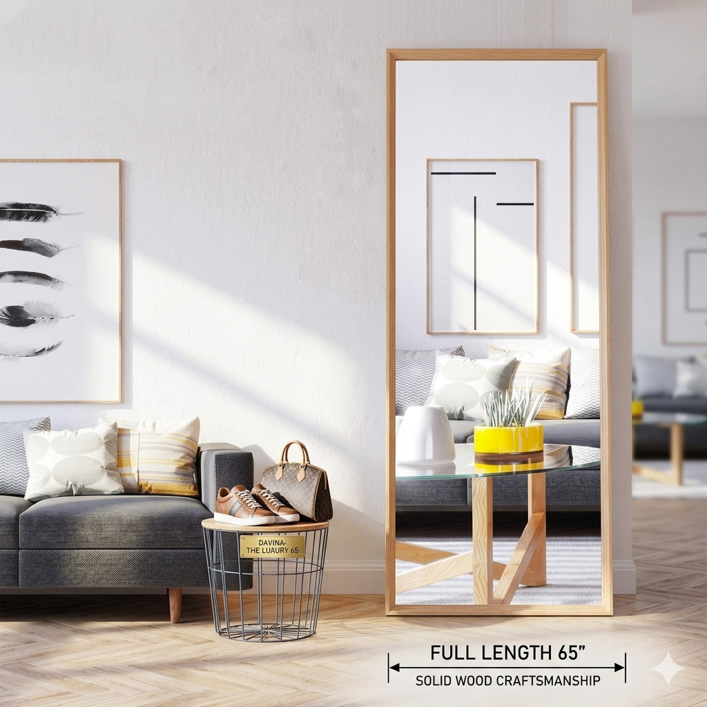 Luxury 65" Full Length Mirror – Large Solid Wood Floor Mirror for Bedroom, Living Room & Dressing Area