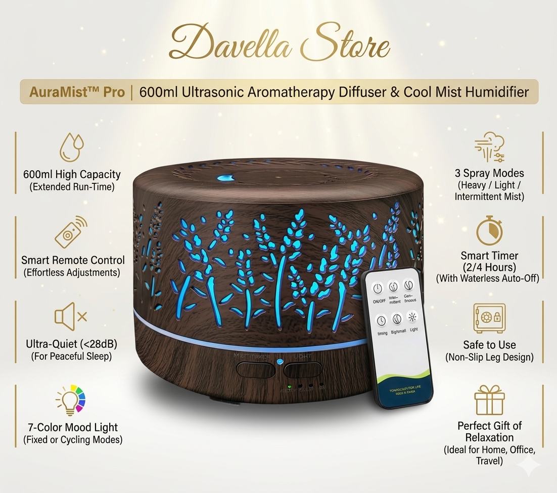 AuraMist™ Pro | 600ml Ultrasonic Aromatherapy Diffuser & Cool Mist Humidifier