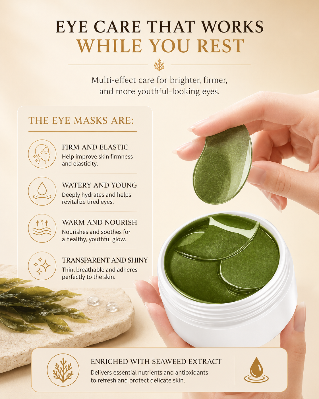 60-Piece Seaweed & Hyaluronic Acid Eye Masks – Instantly Hydrate, Brighten & Depuff
