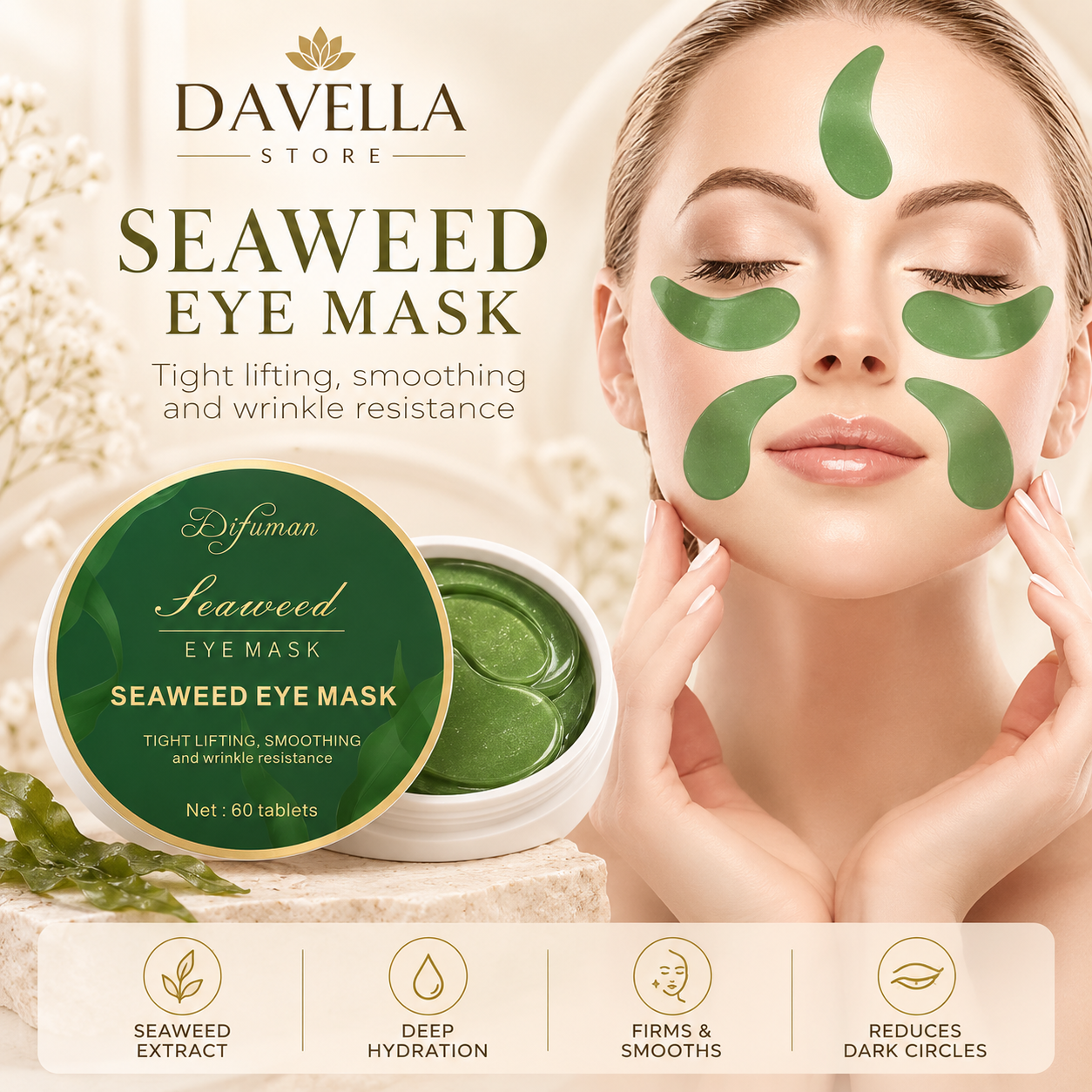 60-Piece Seaweed & Hyaluronic Acid Eye Masks – Instantly Hydrate, Brighten & Depuff
