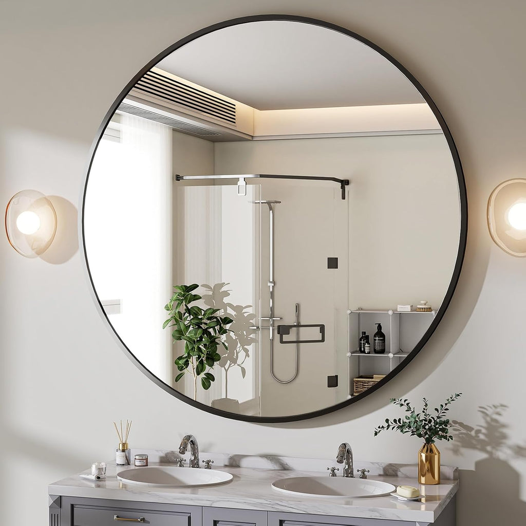 ✨ 30" Modern Round Wall Mirror – Elegant Black Metal Frame for Any Room