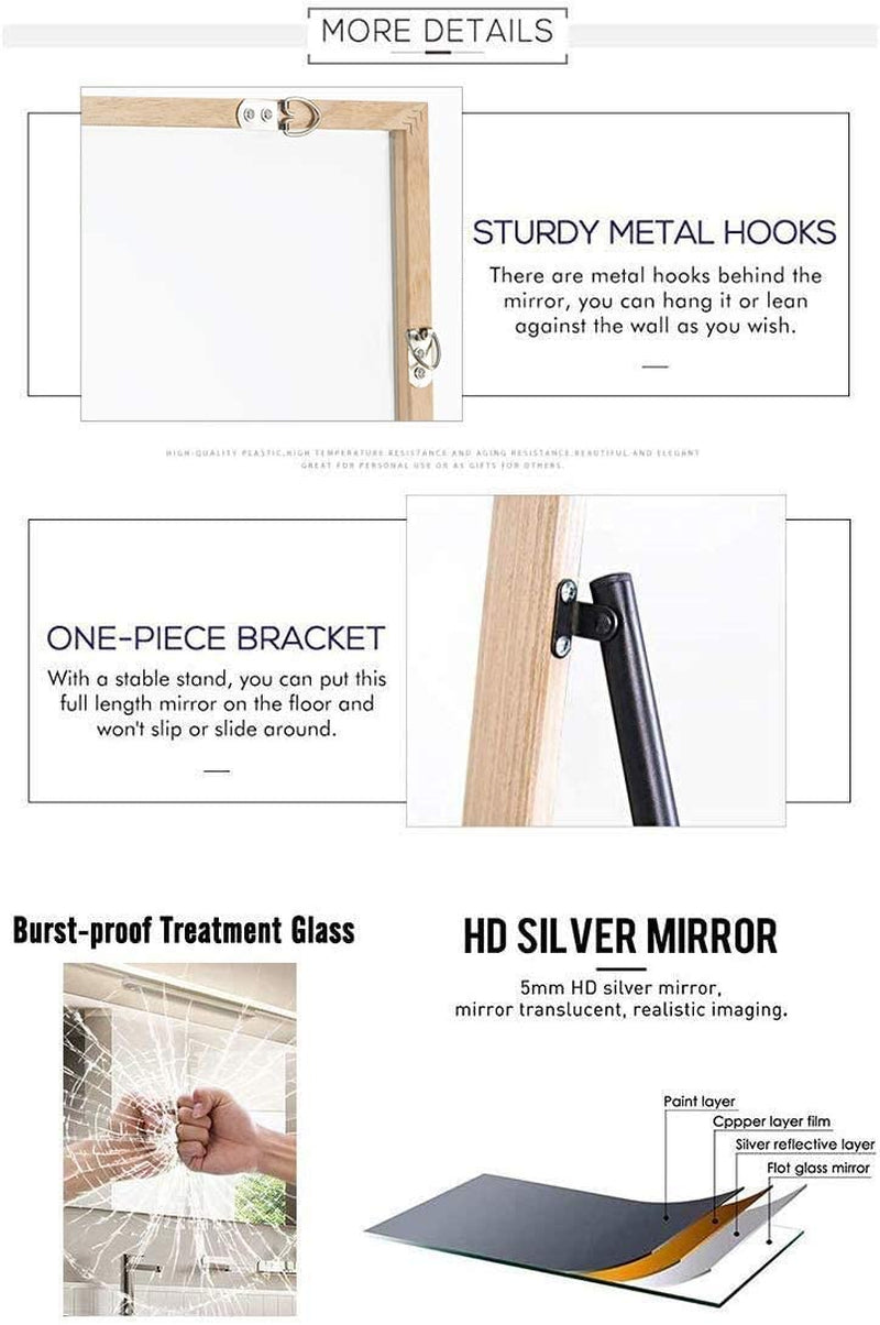 Luxury 65" Full Length Mirror – Large Solid Wood Floor Mirror for Bedroom, Living Room & Dressing Area
