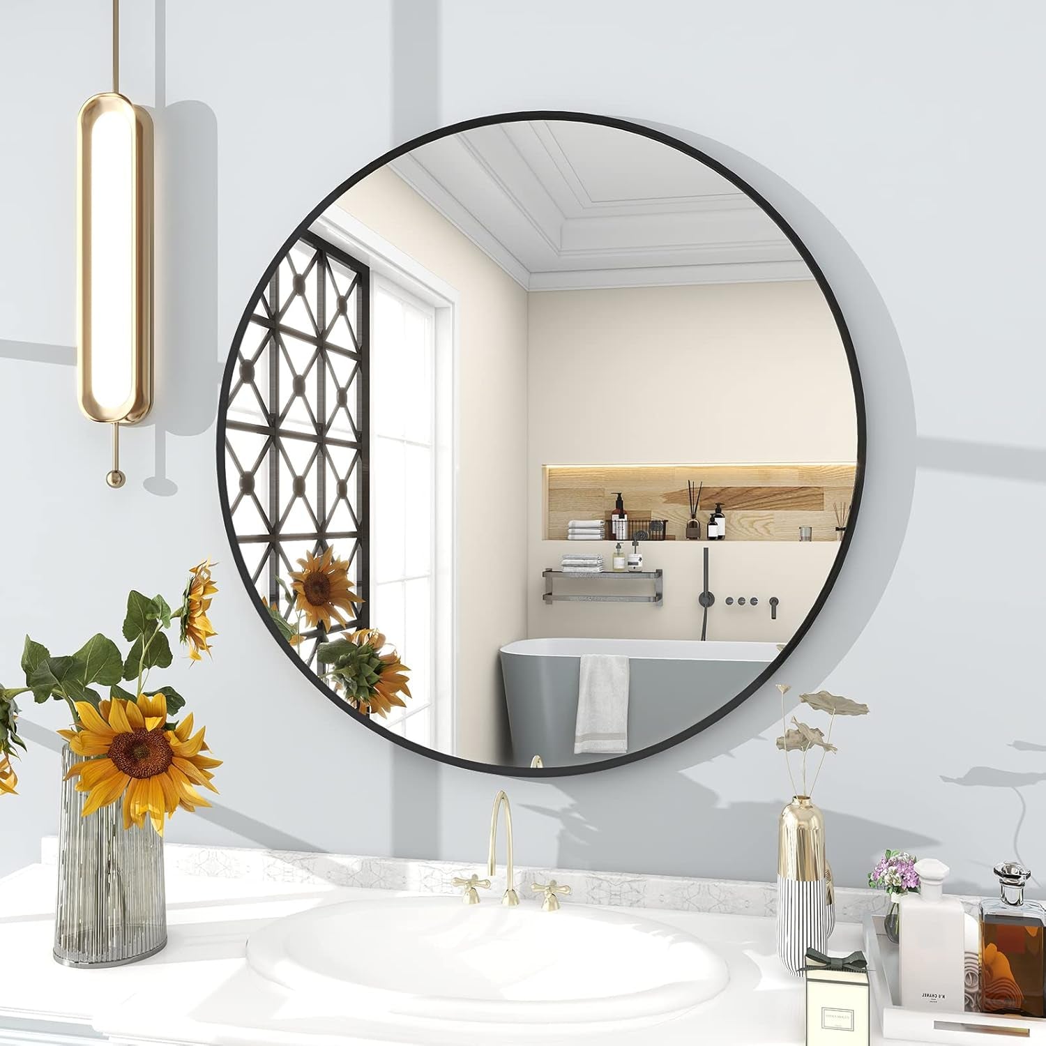 ✨ 30" Modern Round Wall Mirror – Elegant Black Metal Frame for Any Room